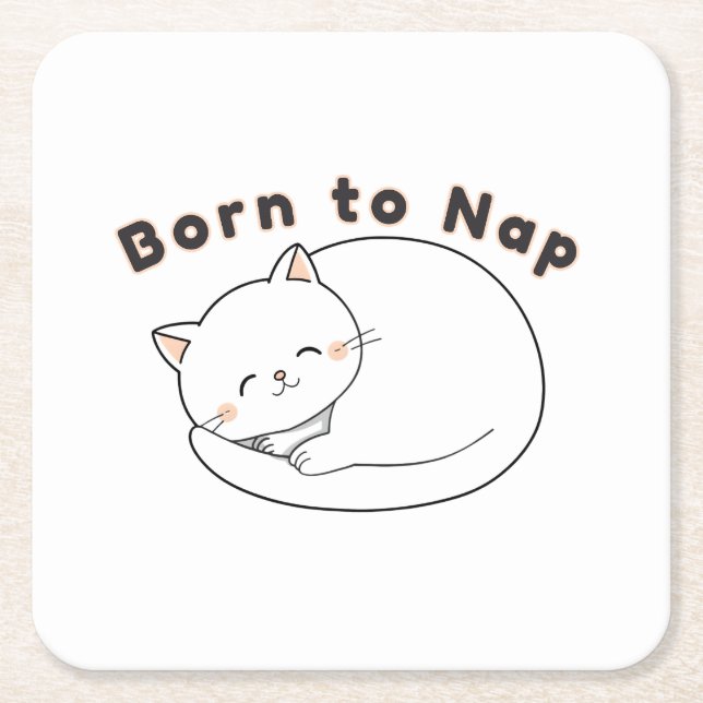 Cute Sleepy Cat “Born to Nap” Line Art Design Underlägg Papper Kvadrat (Framsidan)