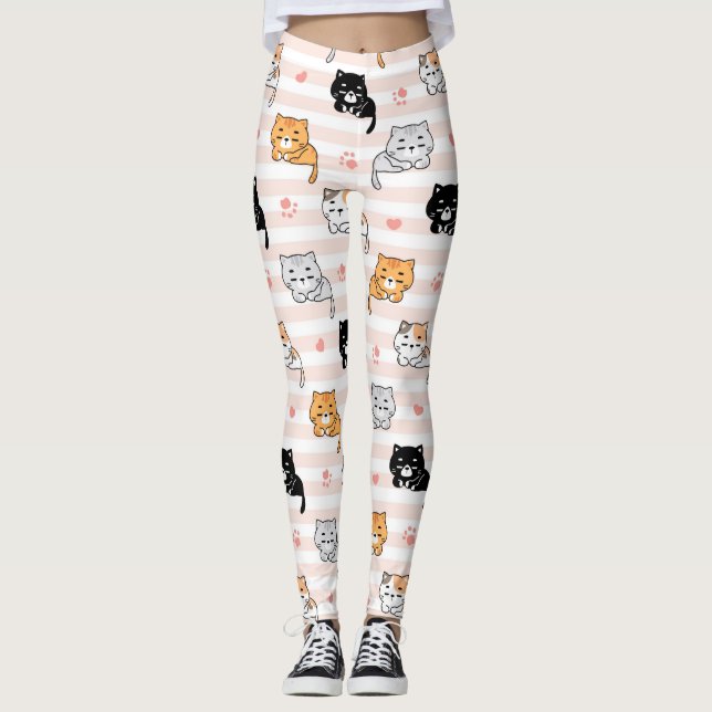 Cute Sleepy Cat & Paws, Men Women & Kids, Cat Fan Leggings (Framsida)