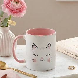Cute Sleepy Kitty Face Pink & White Mug Mugg