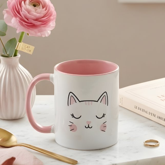 Cute Sleepy Kitty Face Pink & White Mug Mugg (Skapare uppladdad)