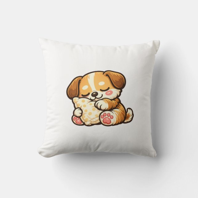 Cute Sleepy Puppy with Pillow Kudde (Framsida)
