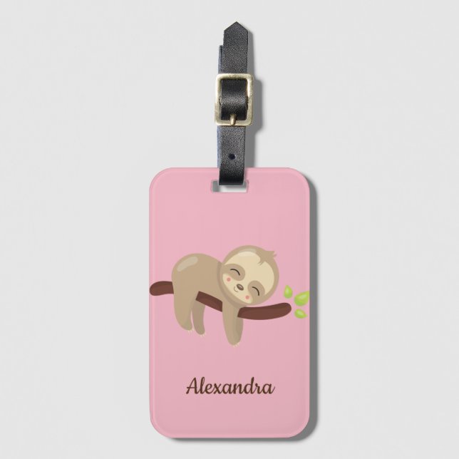 Cute Sloth Animal Illustration on Rosa Monogrammed Bagagebricka (Framsida vertikal)