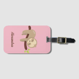 Cute Sloth Animal Illustration on Rosa Monogrammed Bagagebricka