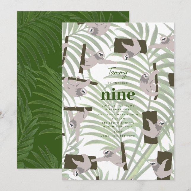 Cute Sloth Animal in Vild Forest Födelsedagsfest Inbjudningar (Fram/baksida)