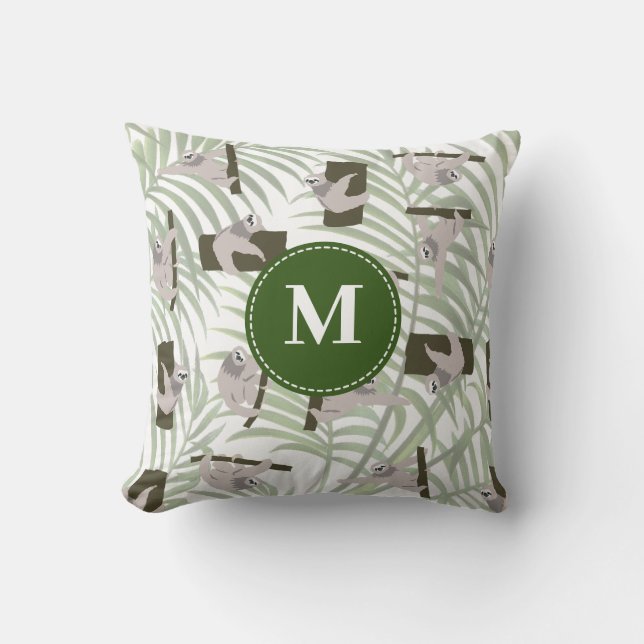 Cute Sloth Animal Mönster i Vild Forest Monogram Kudde (Framsida)