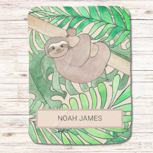 Cute Sloth Baby Jungle Löv Watercolor Namn Bebisfilt