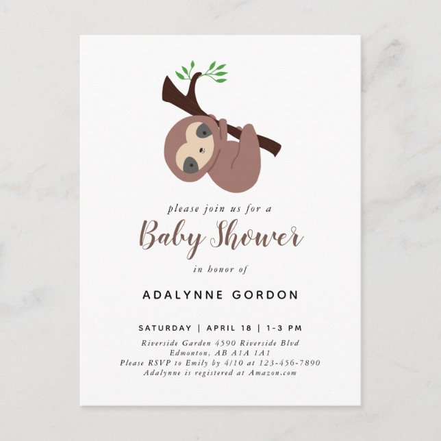 Cute Sloth Baby Shower Boy Adsible Animal Investig Inbjudan Vykort (Framsida)