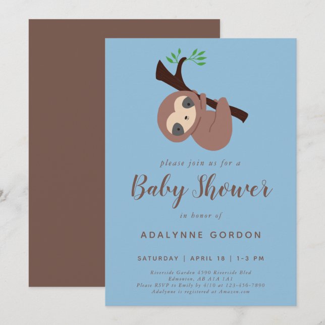 Cute Sloth Baby Shower Boy Blue Brown Kawaii Inbjudningar (Fram/baksida)