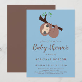 Cute Sloth Baby Shower Boy Blue Brown Kawaii Inbjudningar