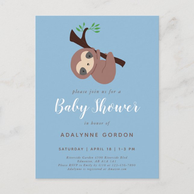 Cute Sloth Baby Shower Boy Blue Calligraphy Invita Inbjudan Vykort (Framsida)