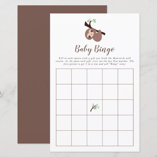 Cute Sloth Baby Shower Game Bingo Brown Kawaii (Fram/baksida)