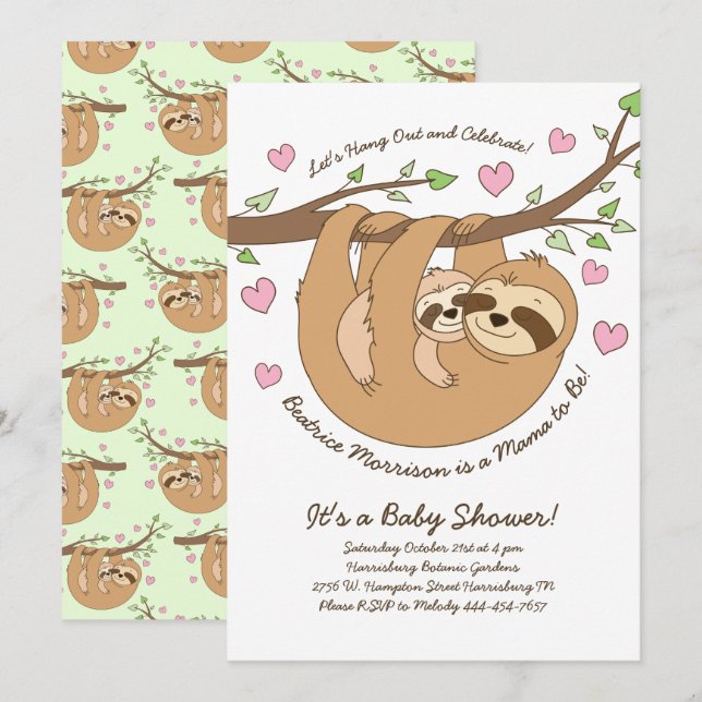 Cute Sloth Baby Shower Mamma och Baby Inbjudningar (Fram/baksida)