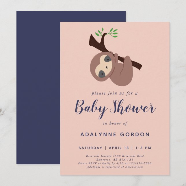 Cute Sloth Baby Shower Rosa Lila Aderous Animal Inbjudningar (Fram/baksida)