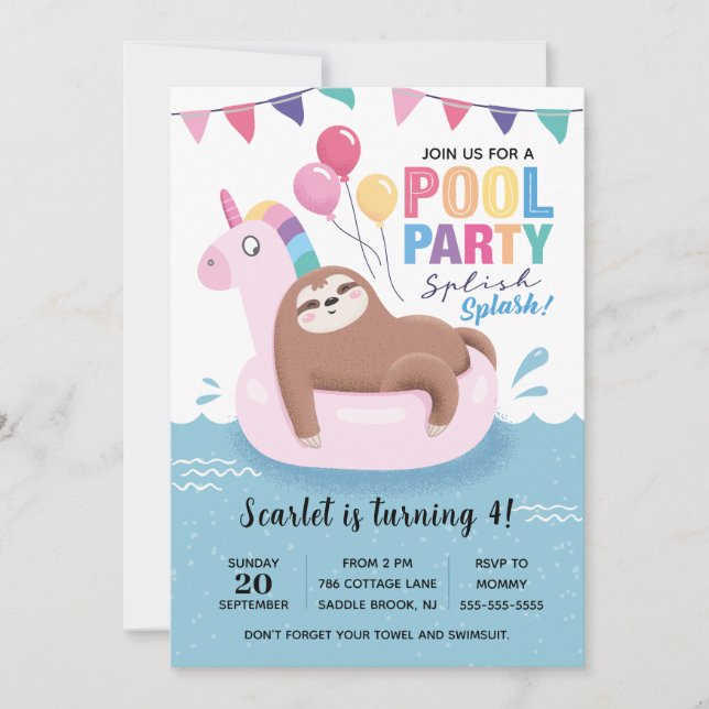 Cute Sloth Bassäng Party, födelsedagsinbjudan Inbjudningar (Framsida)