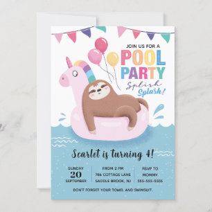 Cute Sloth Bassäng Party, födelsedagsinbjudan Inbjudningar