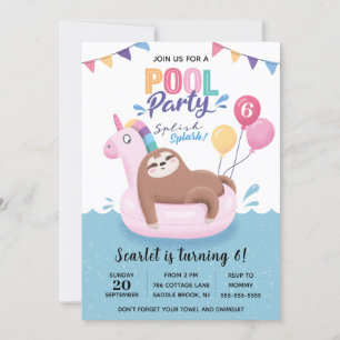 Cute Sloth Bassäng Party, födelsedagsinbjudan Inbjudningar