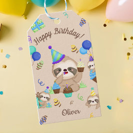 Cute Sloth Birthday Party Blue Balloons & Cupcakes Presentetikett