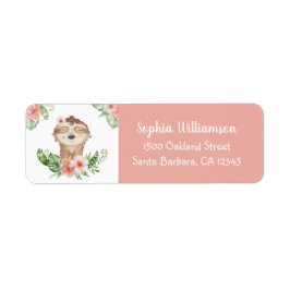 Cute Sloth Blommigt Birthday Rosa Returadress Etikett