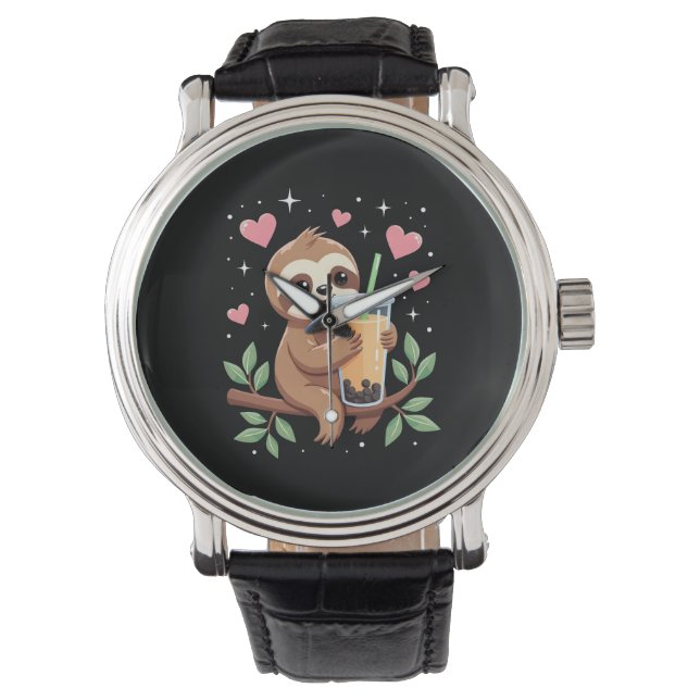 Cute Sloth Boba Bubble Milk Tea Kawaii Women Girls Armbandsur (Framsida)