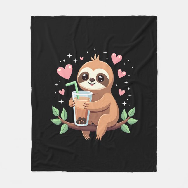Cute Sloth Boba Bubble Milk Tea Kawaii Women Girls Fleecefilt (Framsidan)
