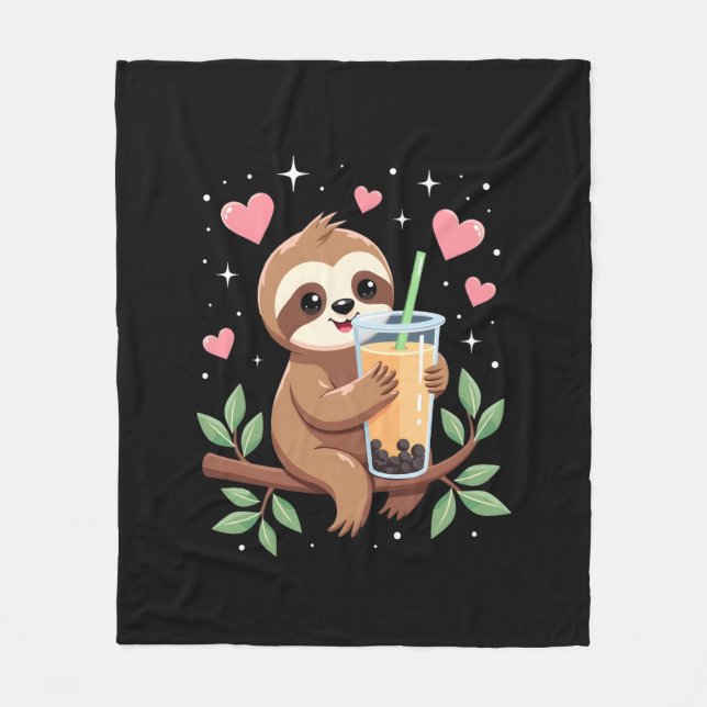 Cute Sloth Boba Bubble Milk Tea Kawaii Women Girls Fleecefilt (Framsidan)