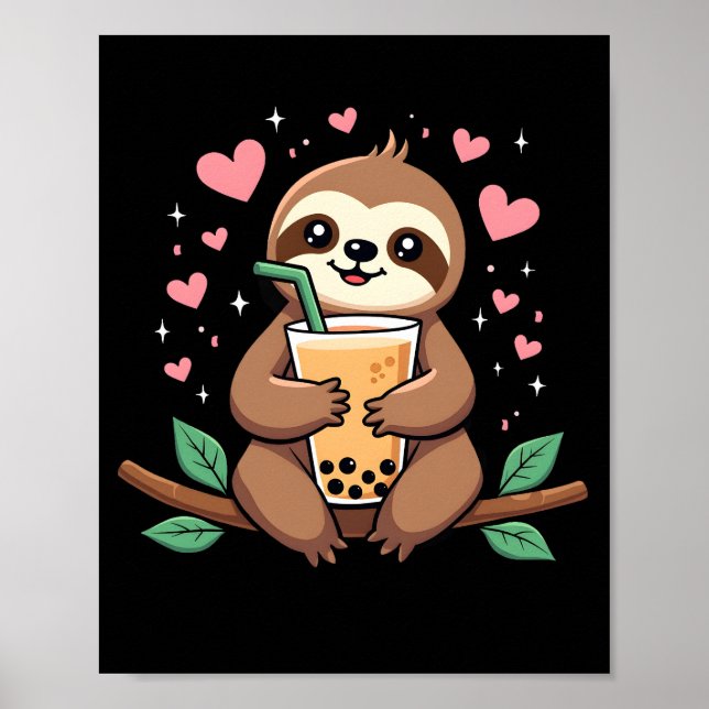 Cute Sloth Boba Bubble Milk Tea Kawaii Women Girls Poster (Framsidan)
