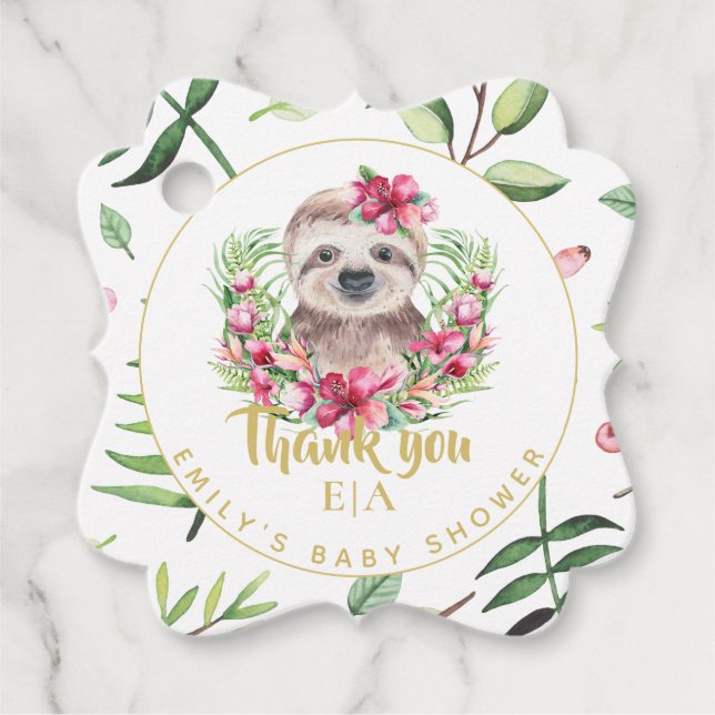 Cute SLOTH Boho Rosa Blommigt Baby Shower Tack Gåvor Etiketter (Framsida)