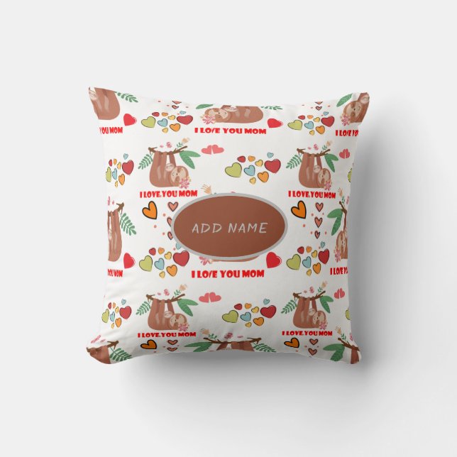 Cute Sloth Brown Mönster I Kärlek You Mamma Hearts Kudde (Framsida)