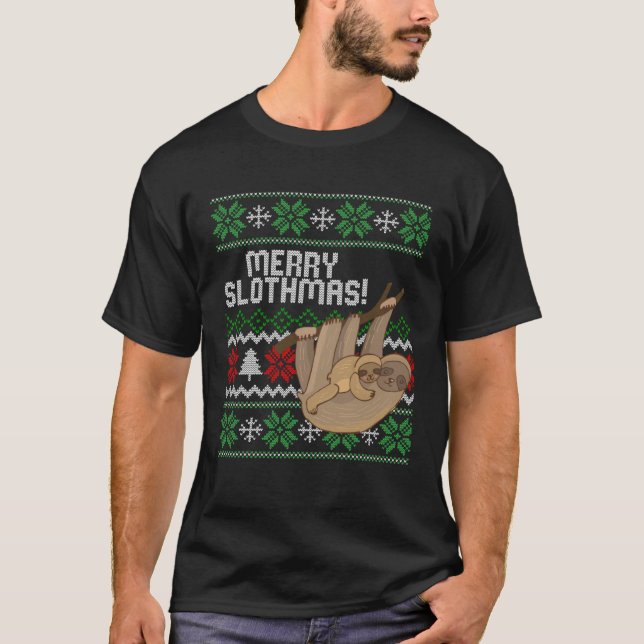 Cute sloth Christmas Merry sloths ugly T Shirt (Framsida)