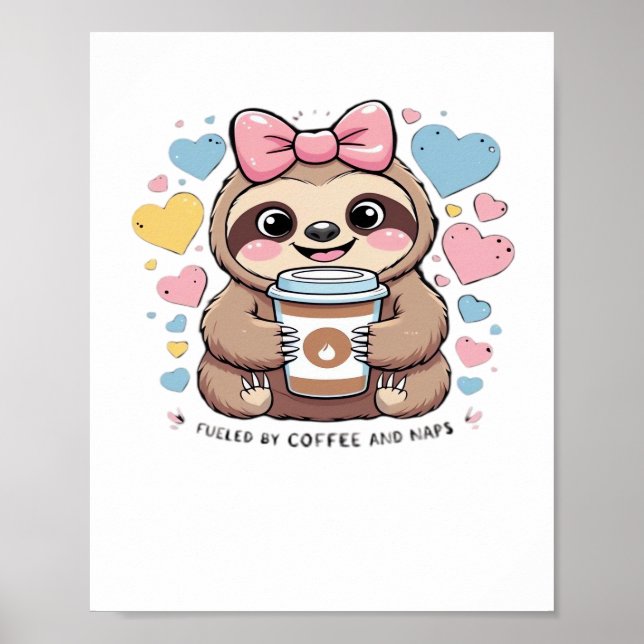 Cute Sloth Coffee Älskare Shirt - Funny Fueled by  Poster (Framsidan)