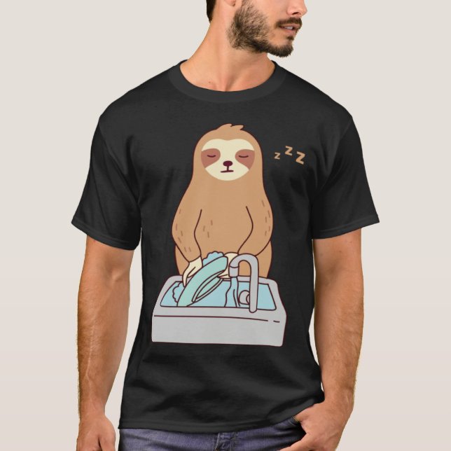 Cute Sloth Dishwashing Sleeping Tired Lazy T Shirt (Framsida)