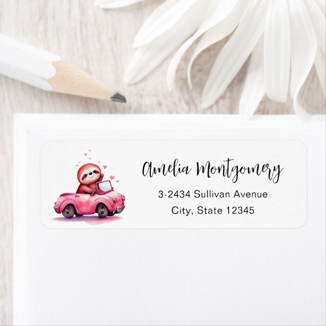 Cute Sloth Driving a Pink Convertible - Address Returadress Etikett (Insitu)