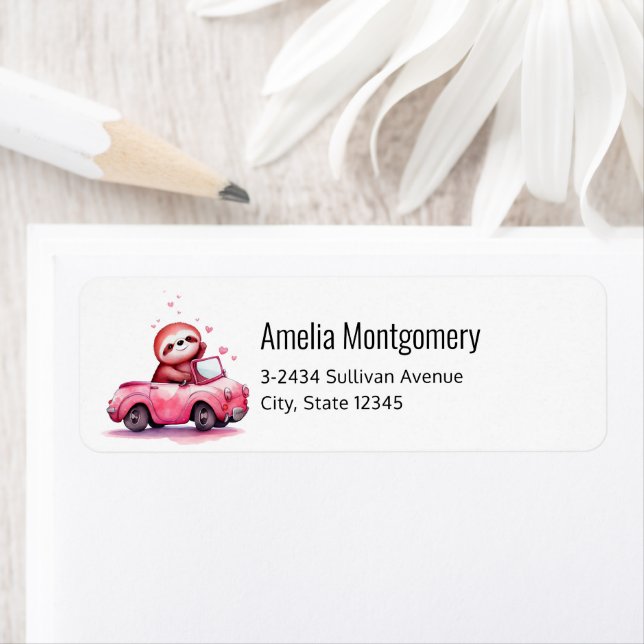 Cute Sloth Driving a Pink Convertible - Address Returadress Etikett (Insitu)