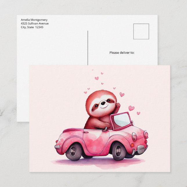 Cute Sloth Driving a Pink Convertible Vykort (Fram/baksida)