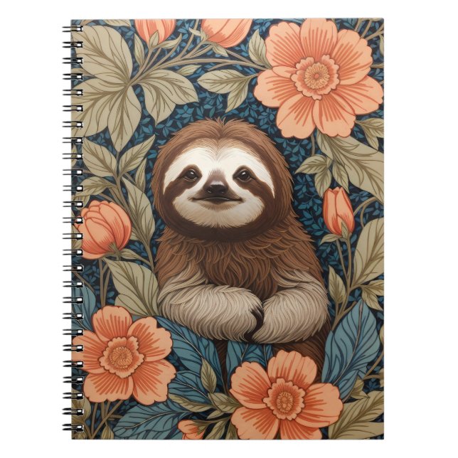 Cute Sloth Elegant Floral William Morris Inspired Anteckningsbok (Framsidan)