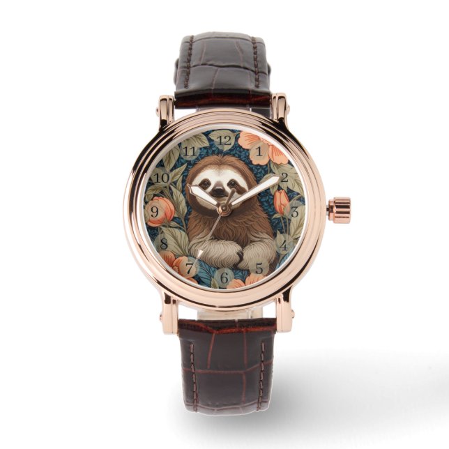 Cute Sloth Elegant Floral William Morris Inspired Armbandsur (Framsida)