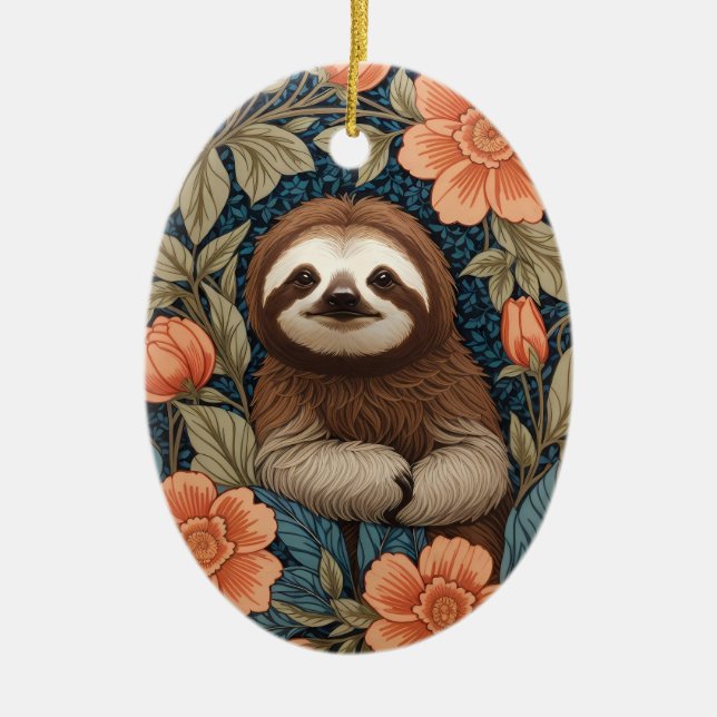Cute Sloth Elegant Floral William Morris Inspired Julgransprydnad Keramik (Framsidan)