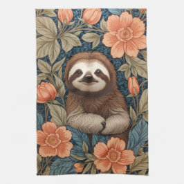 Cute Sloth Elegant Floral William Morris Inspired Kökshandduk