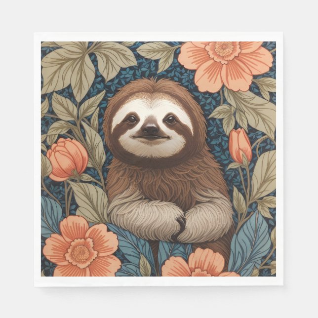 Cute Sloth Elegant Floral William Morris Inspired Pappersservett (Framsidan)