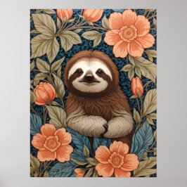Cute Sloth Elegant Floral William Morris Inspired Poster