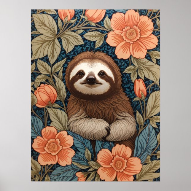 Cute Sloth Elegant Floral William Morris Inspired Poster (Framsidan)