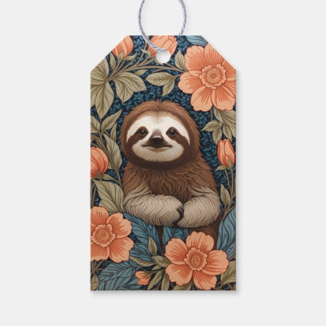 Cute Sloth Elegant Floral William Morris Inspired Presentetikett (Framsidan)