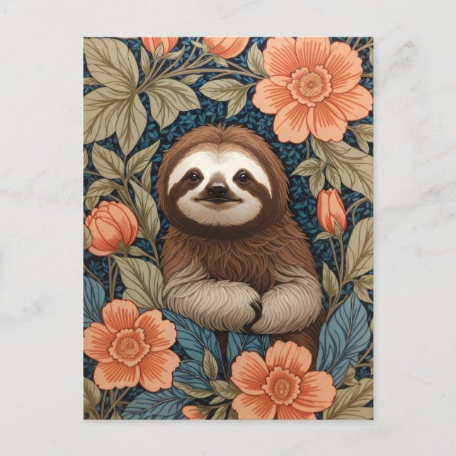 Cute Sloth Elegant Floral William Morris Inspired Vykort (Framsida)