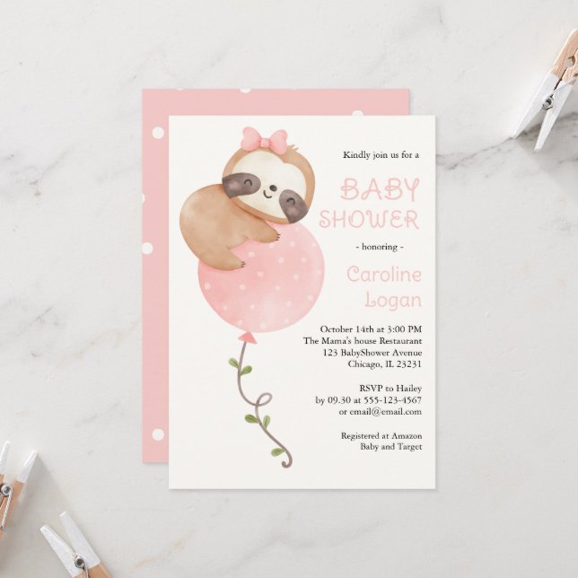 Cute Sloth Flicka Baby Shower Inbjudningar (Fram/Back In Situ)