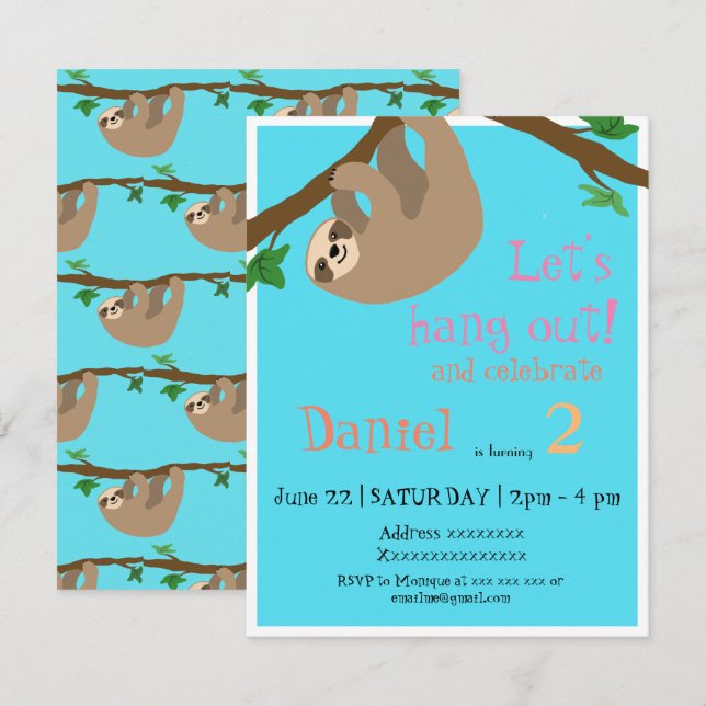 Cute Sloth, födelsedagsfest inbjudan (Fram/baksida)