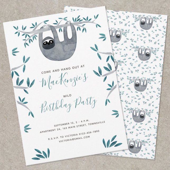 Cute Sloth-Födelsedagsfesten Barn Inbjudningar (Cute watercolor sloth themed birthday party invitation)