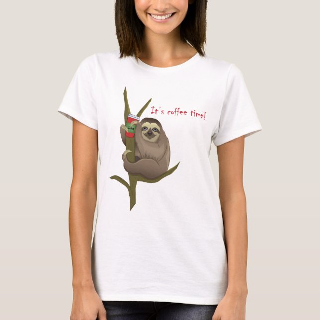 Cute Sloth funny Tecknad med kaffe Kopp Teckning T Shirt (Framsida)