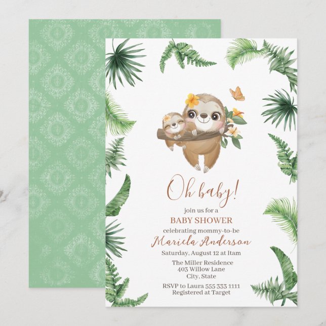 Cute Sloth Greenery Watercolor Baby Shower Inbjudningar (Fram/baksida)