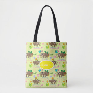 Cute Sloth Gult Mönster Funny Lazy Quote Blommigt Tygkasse