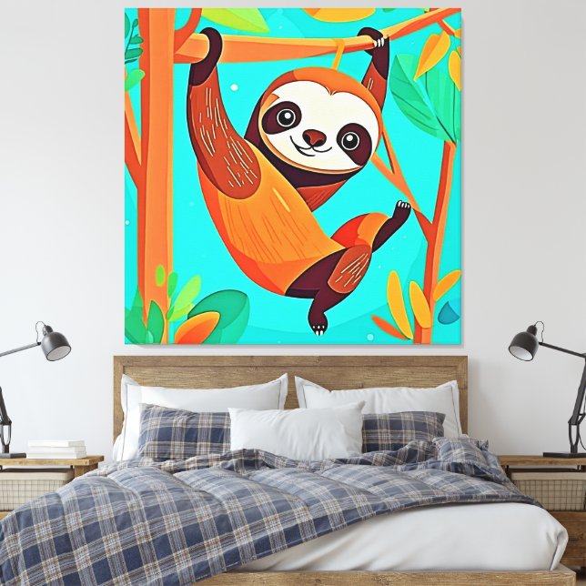 Cute Sloth Hanging in Jungle Canvastryck (Insitu (sovrum))